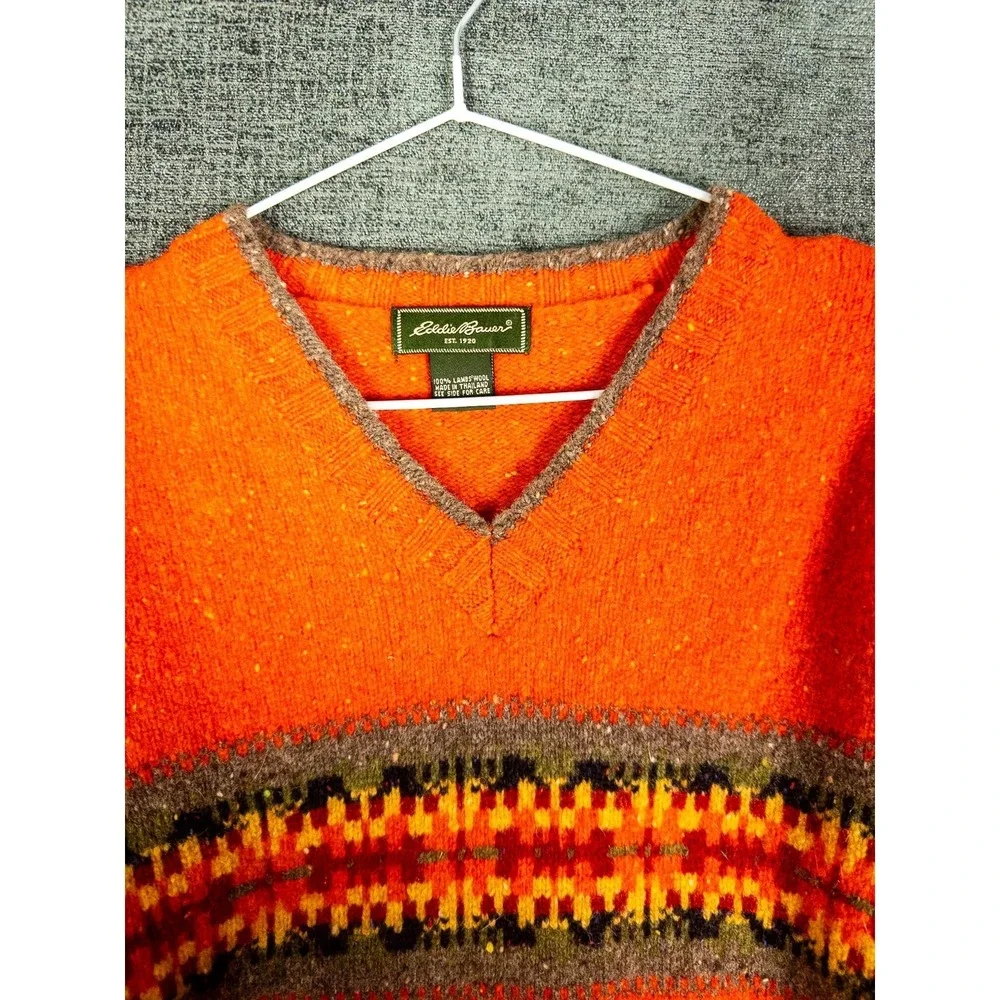 VTG‎ Eddie Bauer Sweater Womens M V Neck Orange Lambswool Aztec Southwestern